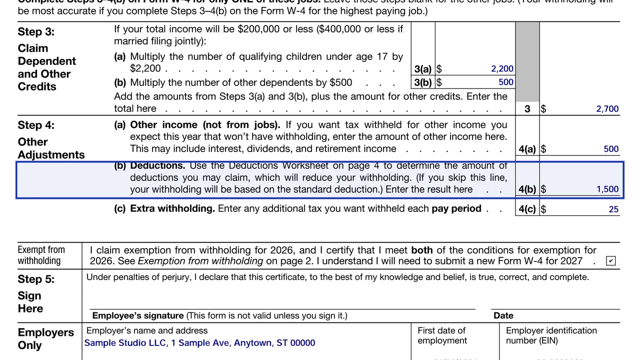Step 4(b) of the 2026 Form W-4 with the result from the Deductions Worksheet line 15