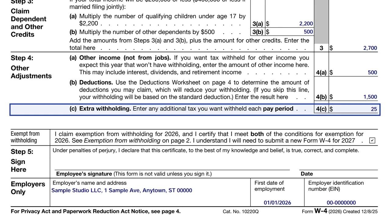 Step 4(c) of the 2026 Form W-4 with a sample extra withholding amount per pay period