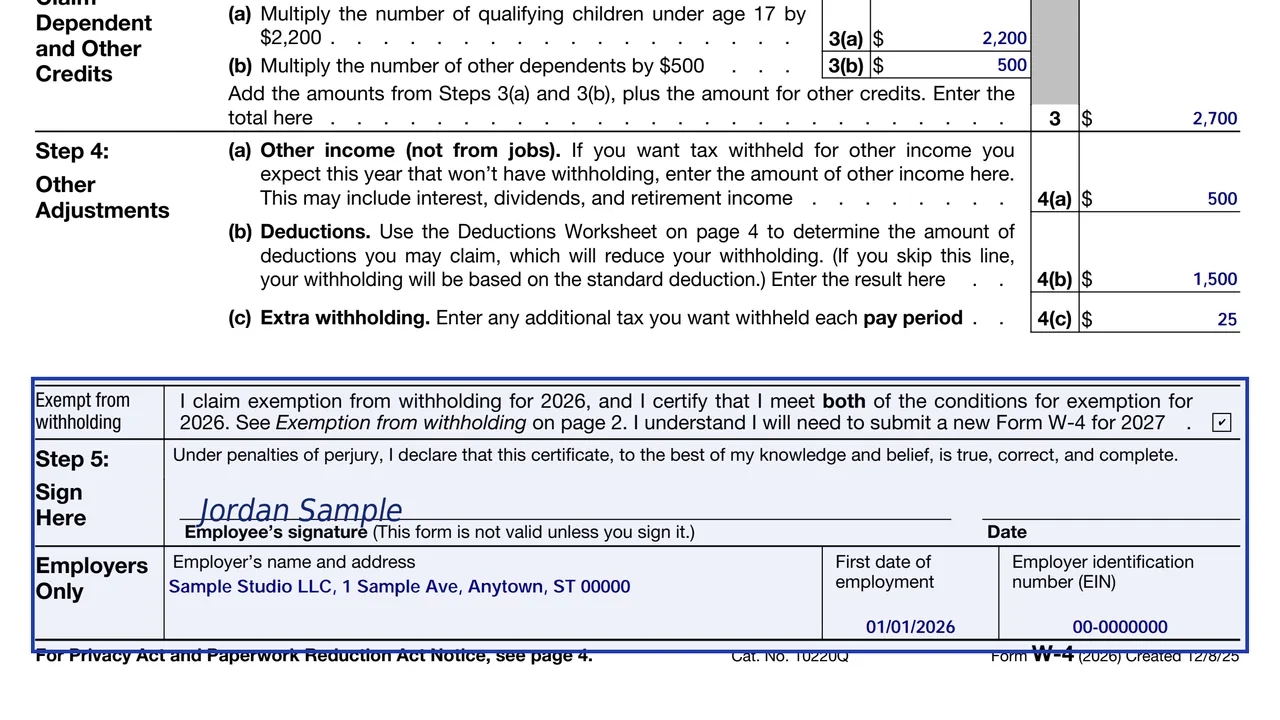 The exemption box and Step 5 signature block of the 2026 Form W-4 with a sample signature