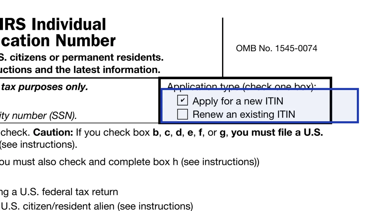 The application type box on Form W-7 with the new application and renewal choices