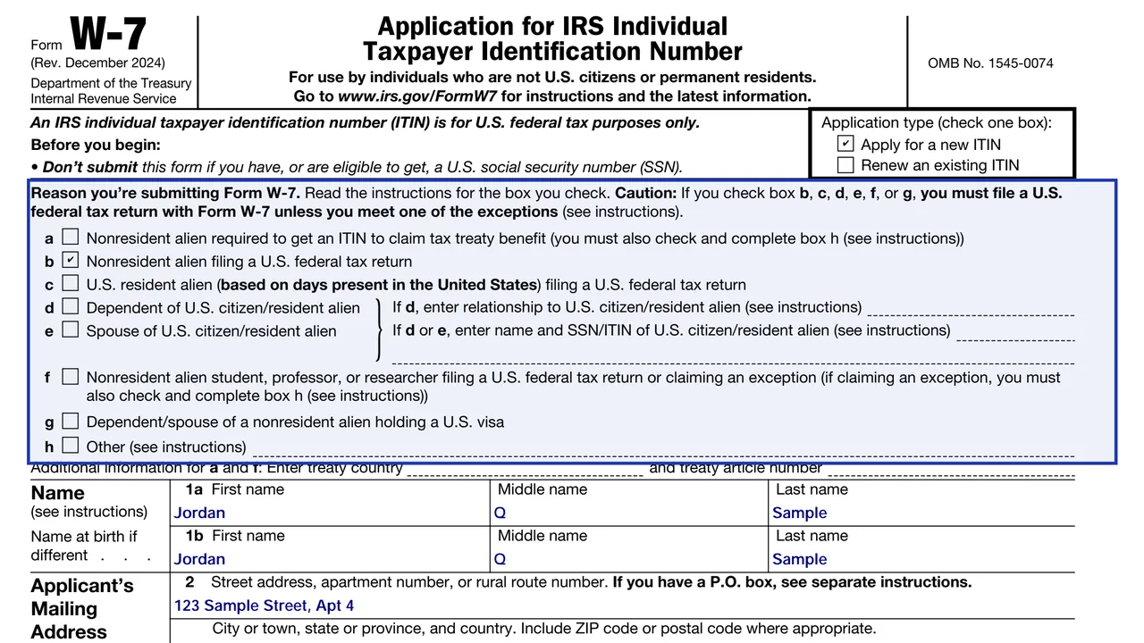 Form W-7 reason boxes a to h in a list, with box b highlighted as an example