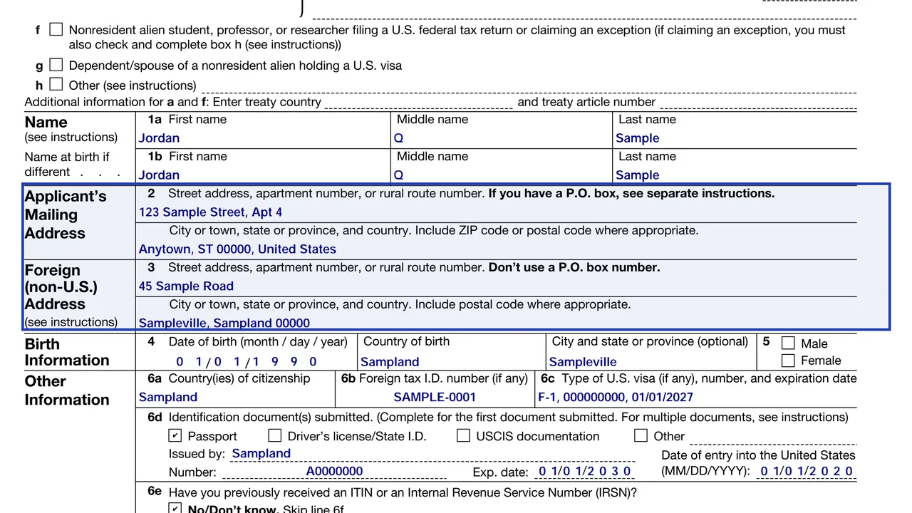 Lines 2 and 3 of Form W-7 showing the mailing address and the foreign address fields