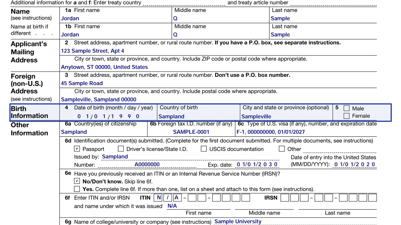 Line 4 of Form W-7 with a sample date of birth in month, day, year format