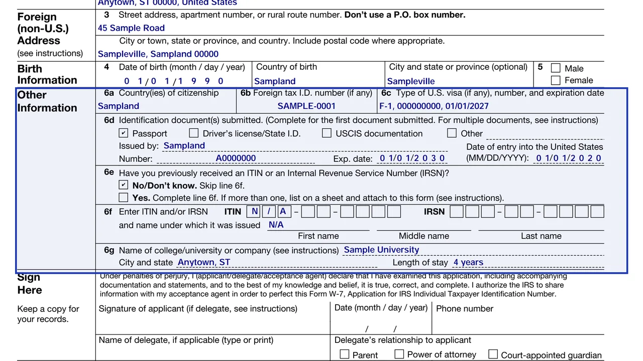 Line 6 of Form W-7 showing citizenship, visa class, ID document, date of entry and prior ITIN fields