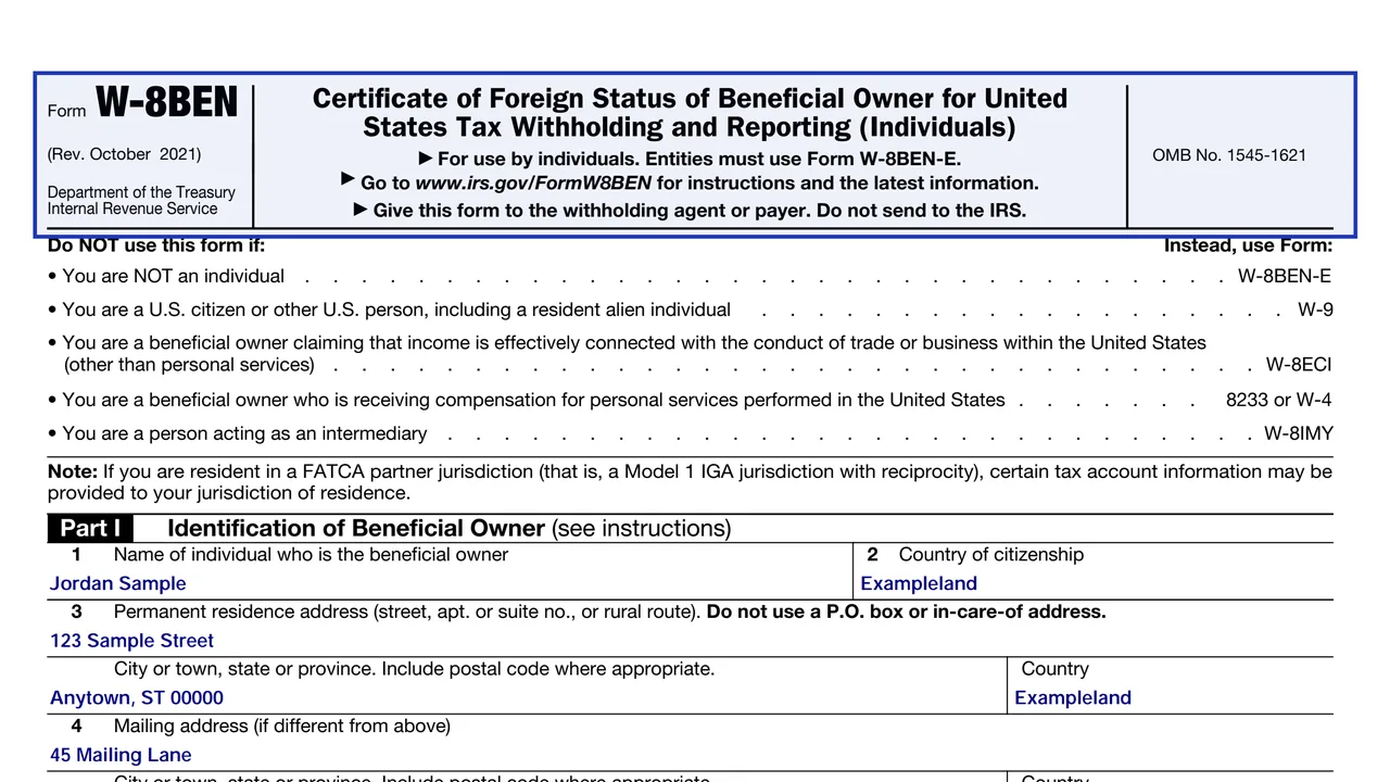 Page 1 of Form W-8BEN (Rev. October 2021) with its title area and Part I