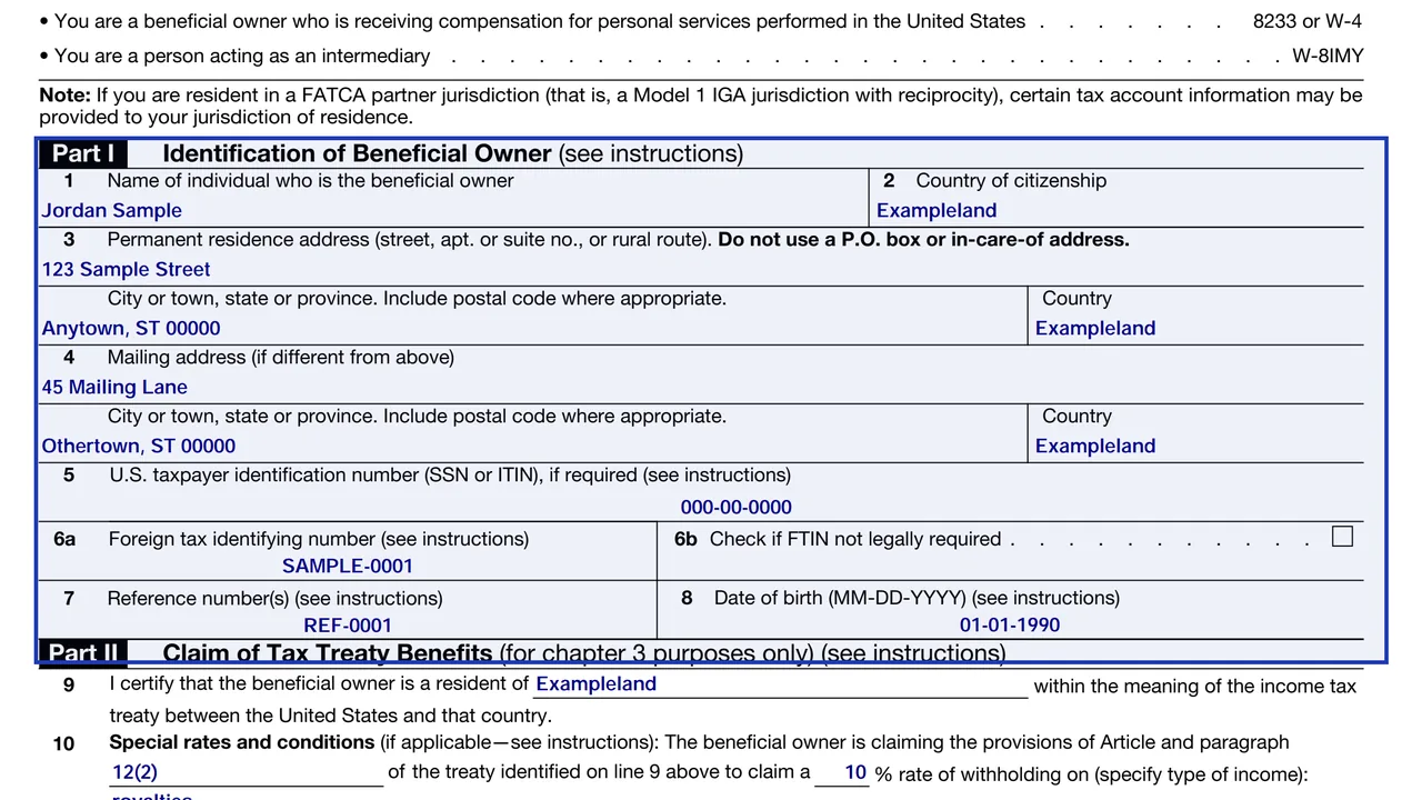 Part I of Form W-8BEN with lines 1 to 8 for identification of the beneficial owner