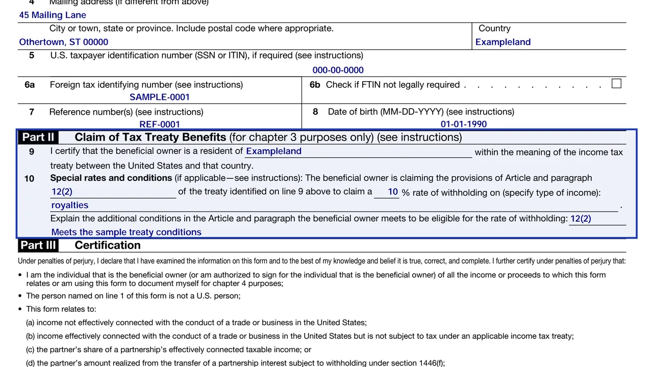 Part II of Form W-8BEN with line 9 residence country and line 10 treaty explanation