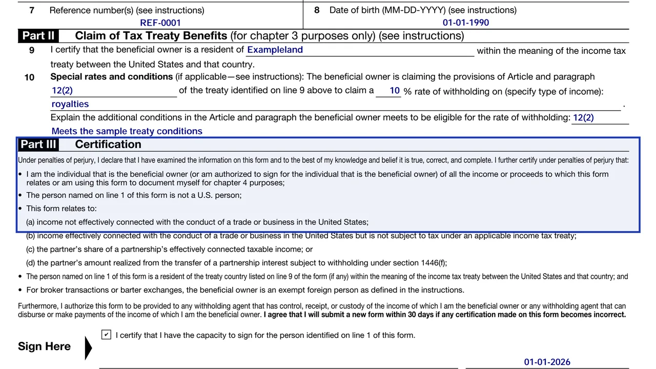 Part III of Form W-8BEN with the certification, signature and date