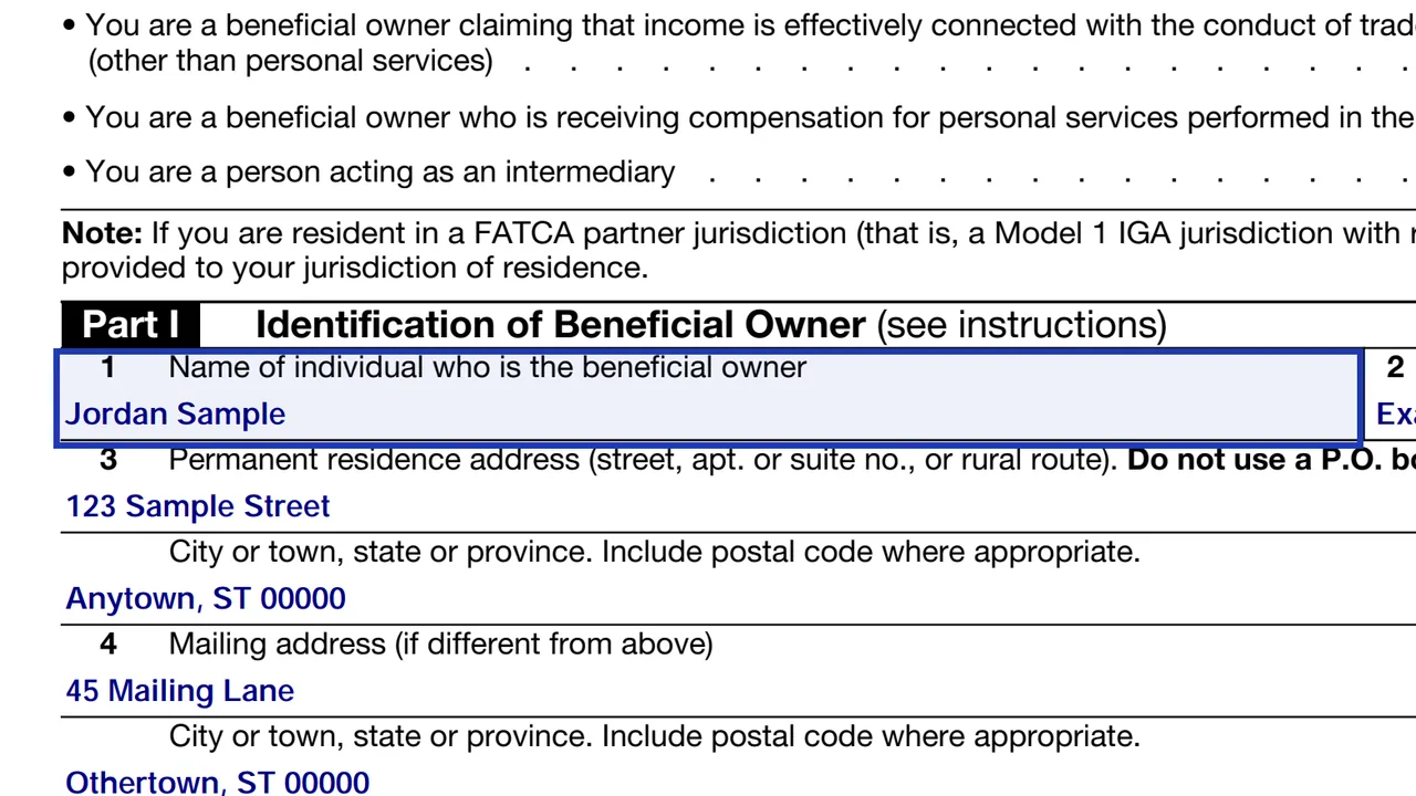 Line 1 of Form W-8BEN with a sample name entered