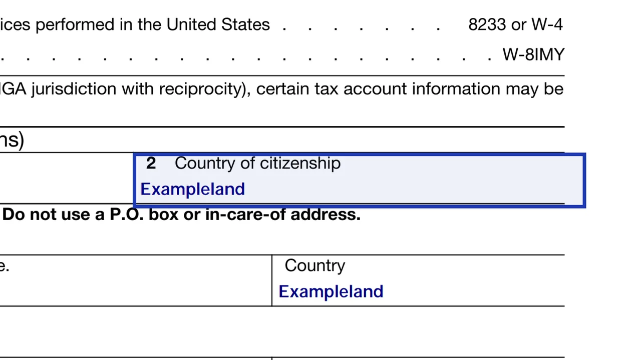 Line 2 of Form W-8BEN with a sample country of citizenship