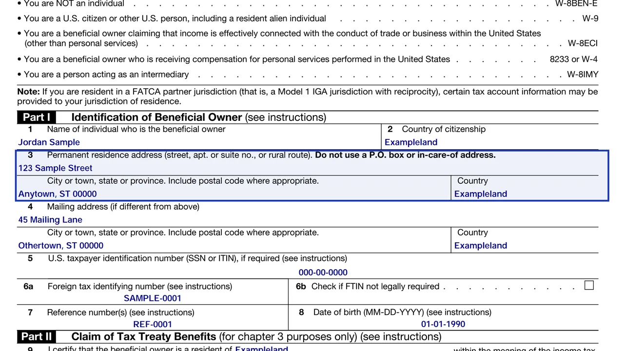Line 3 of Form W-8BEN with a sample permanent residence address, not a P.O. box