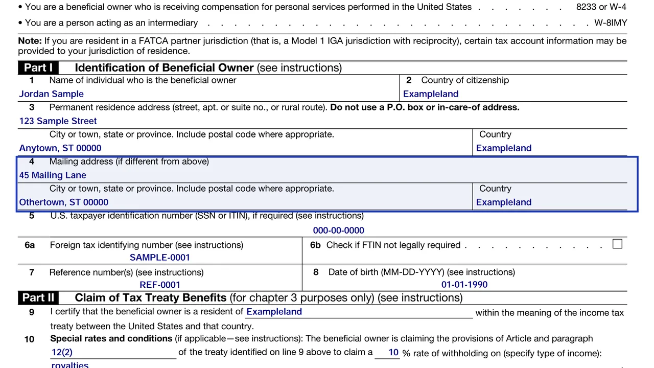 Line 4 of Form W-8BEN with a mailing address that differs from line 3