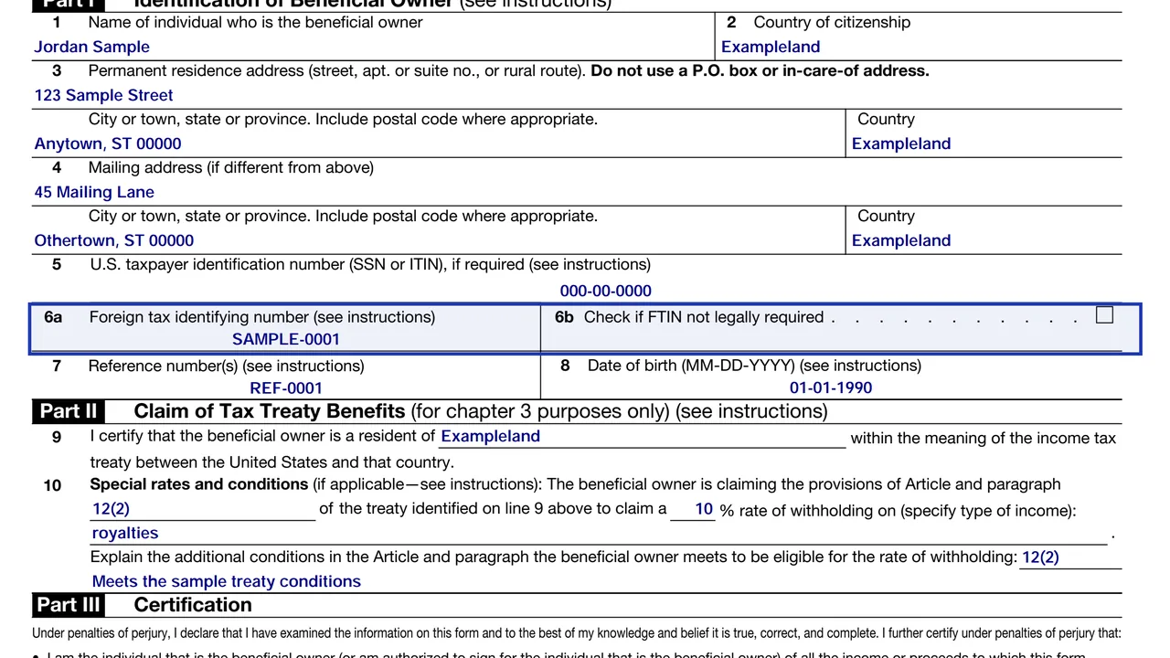 Lines 6a and 6b of Form W-8BEN with the foreign tax identification number and the not-required checkbox