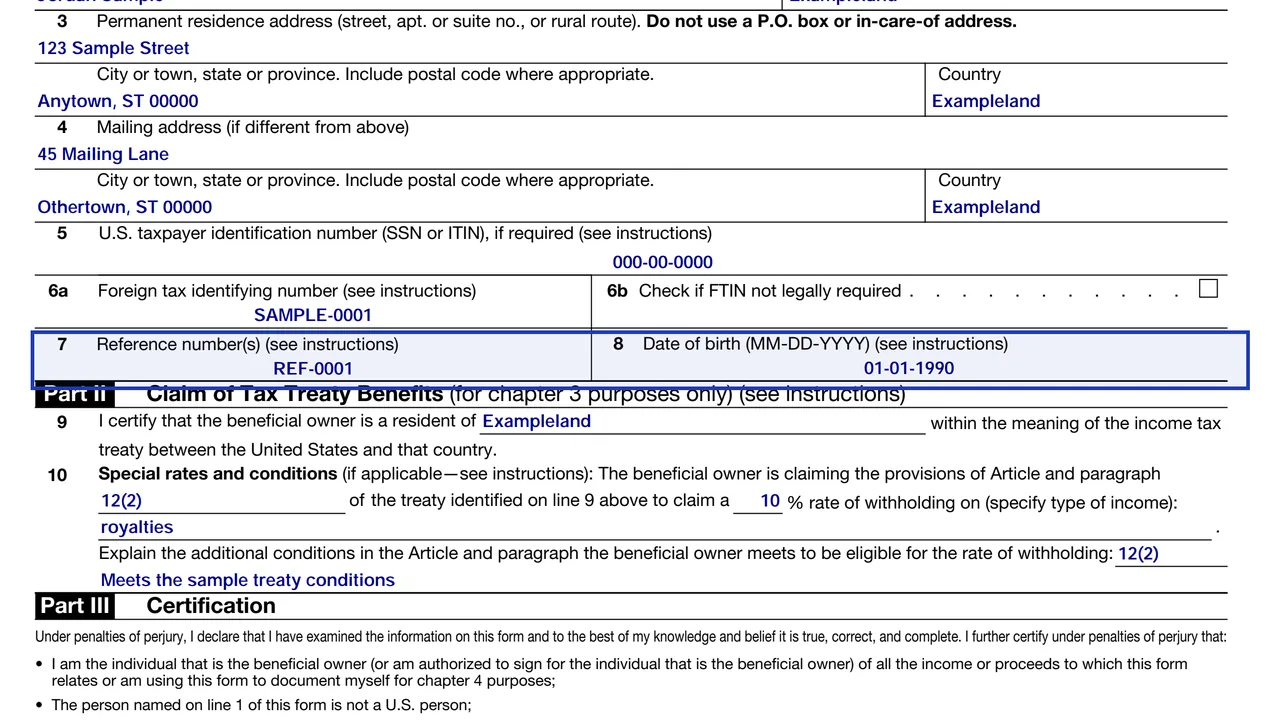 Lines 7 and 8 of Form W-8BEN with the reference number space and a date of birth in MM-DD-YYYY