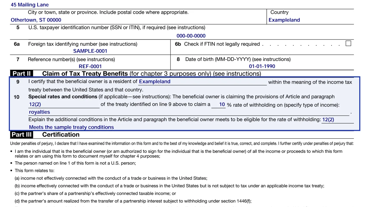 Lines 9 and 10 of Form W-8BEN with a treaty country and a special rates explanation