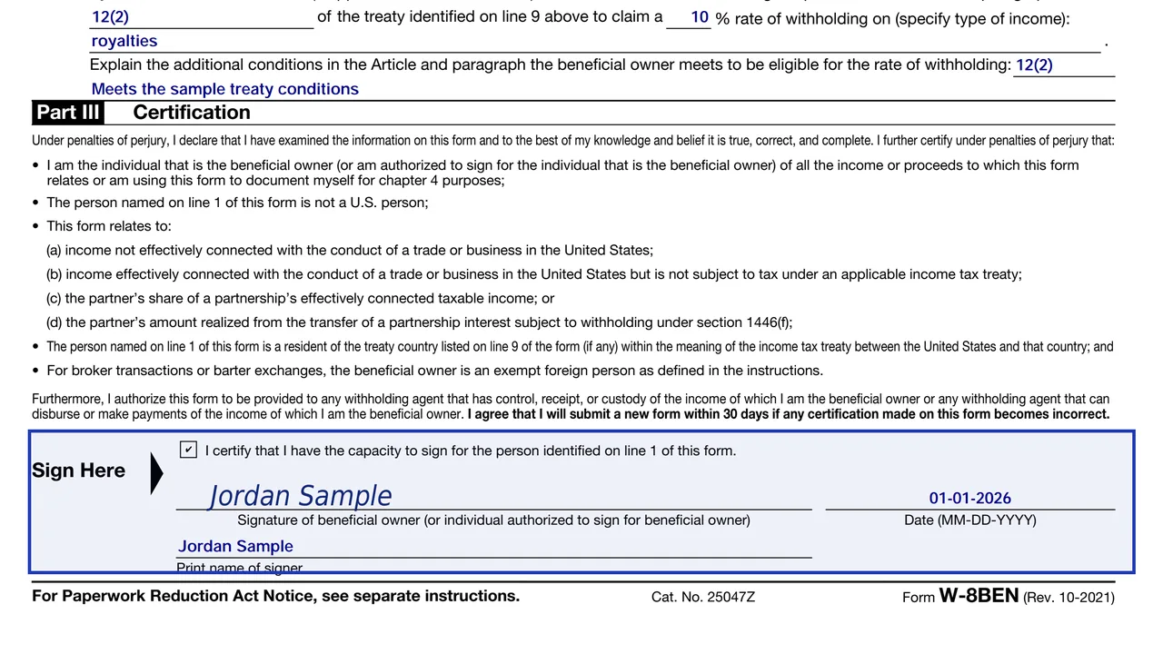 Part III of Form W-8BEN signed and dated with a sample signature
