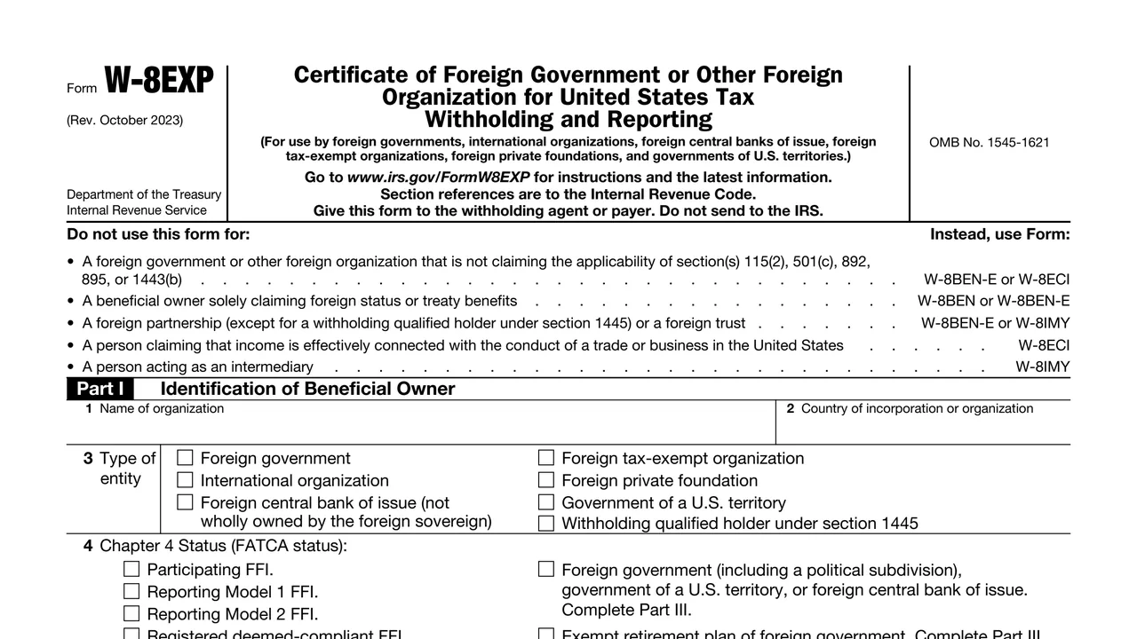 Top of page 1 of Form W-8EXP: Certificate of Foreign Government or Other Foreign Organization, as printed by IRS