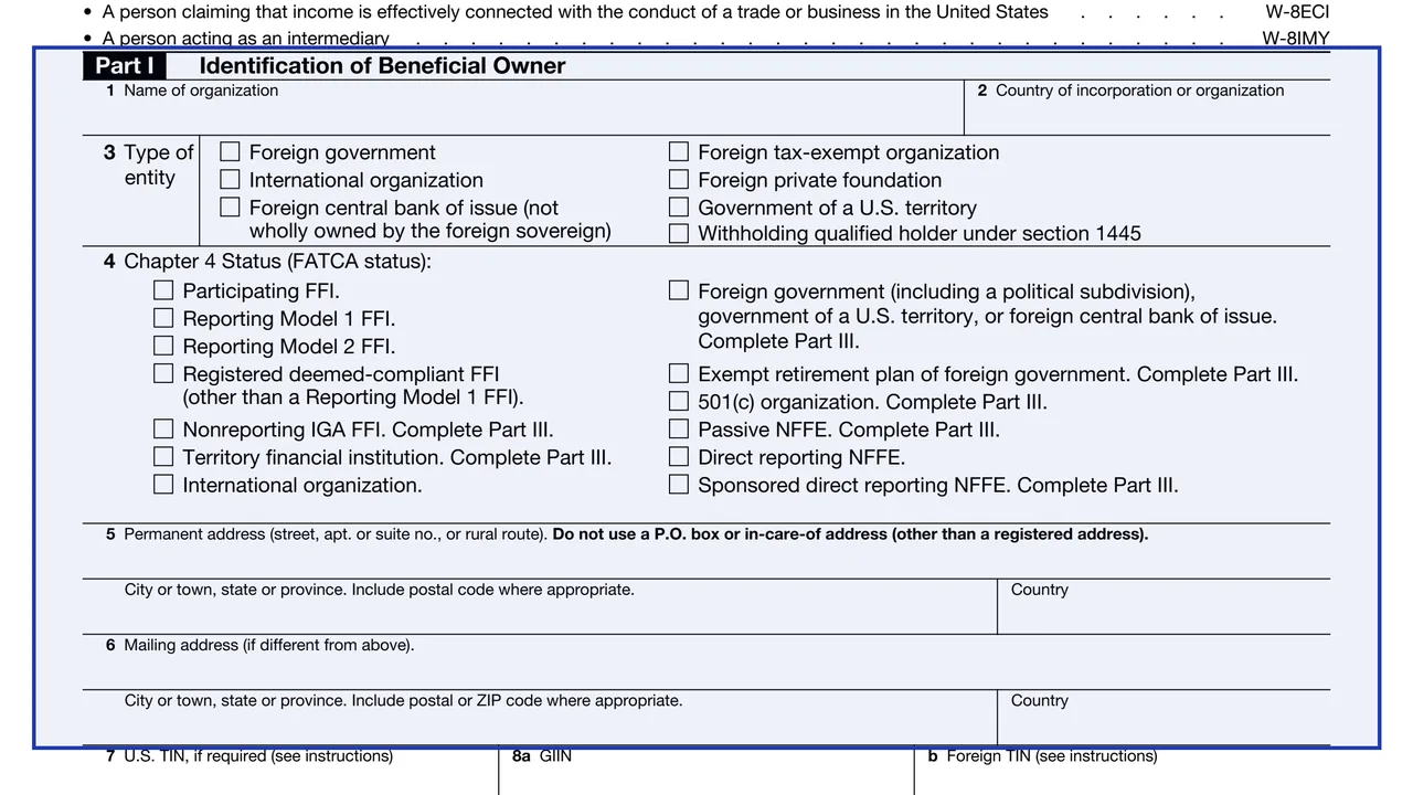 Part I: Identification of Beneficial Owner (lines 1 to 9) on page 1 of Form W-8EXP: Certificate of Foreign Government or Other Foreign Organization, as printed by IRS