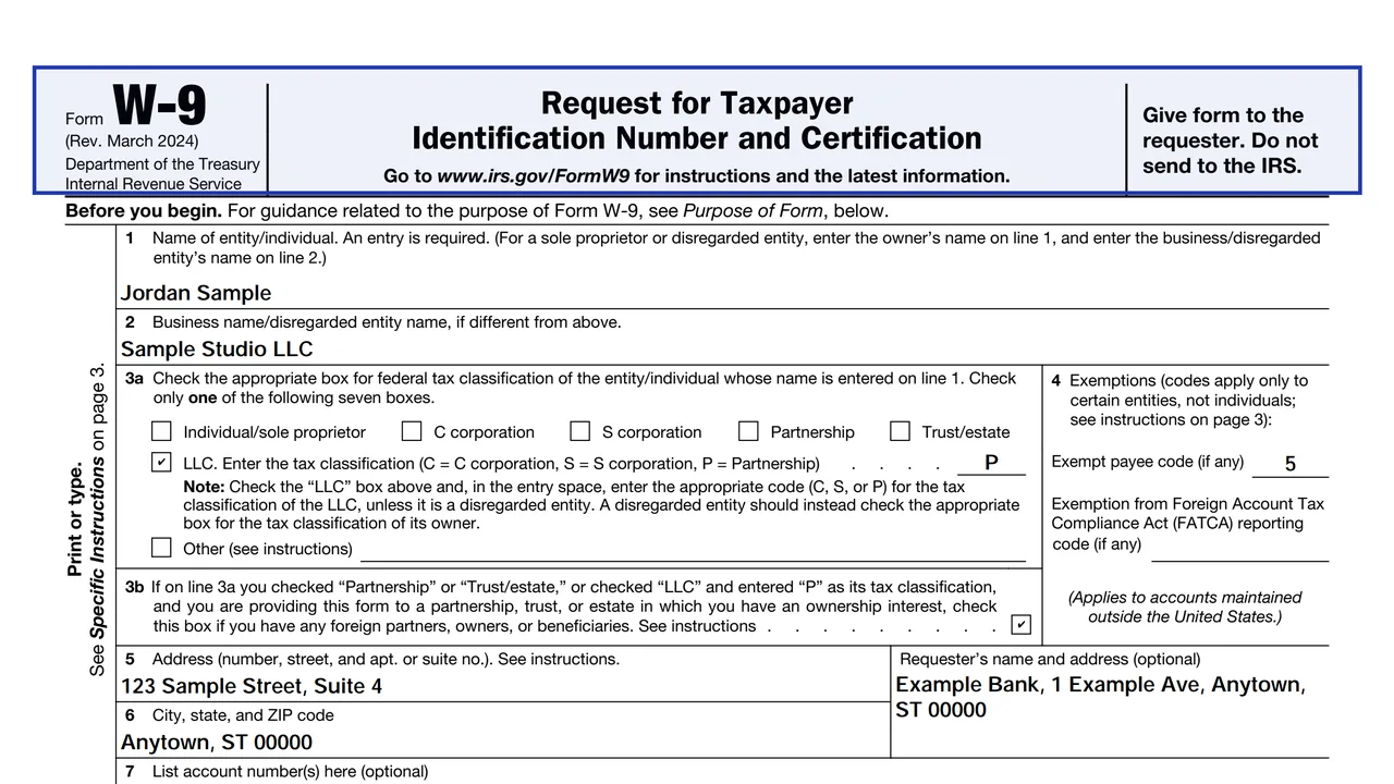 Page 1 of Form W-9 (Rev. March 2024) with its title area and the note to give the form to the requester
