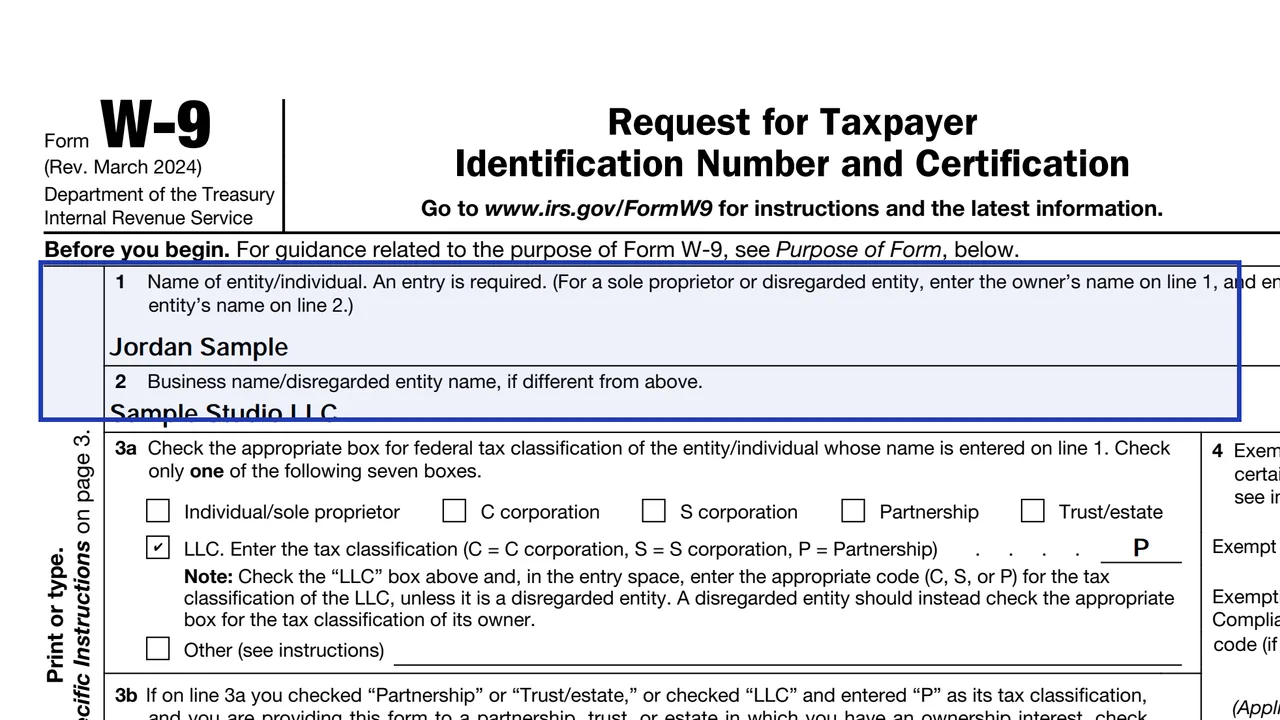 Lines 1 and 2 of Form W-9 with sample name and business name entries