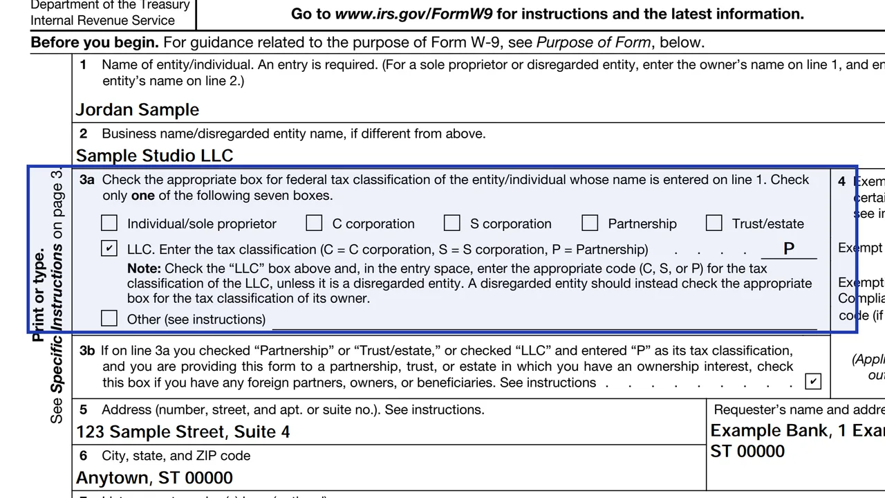 Line 3a of Form W-9 showing the seven federal tax classification boxes