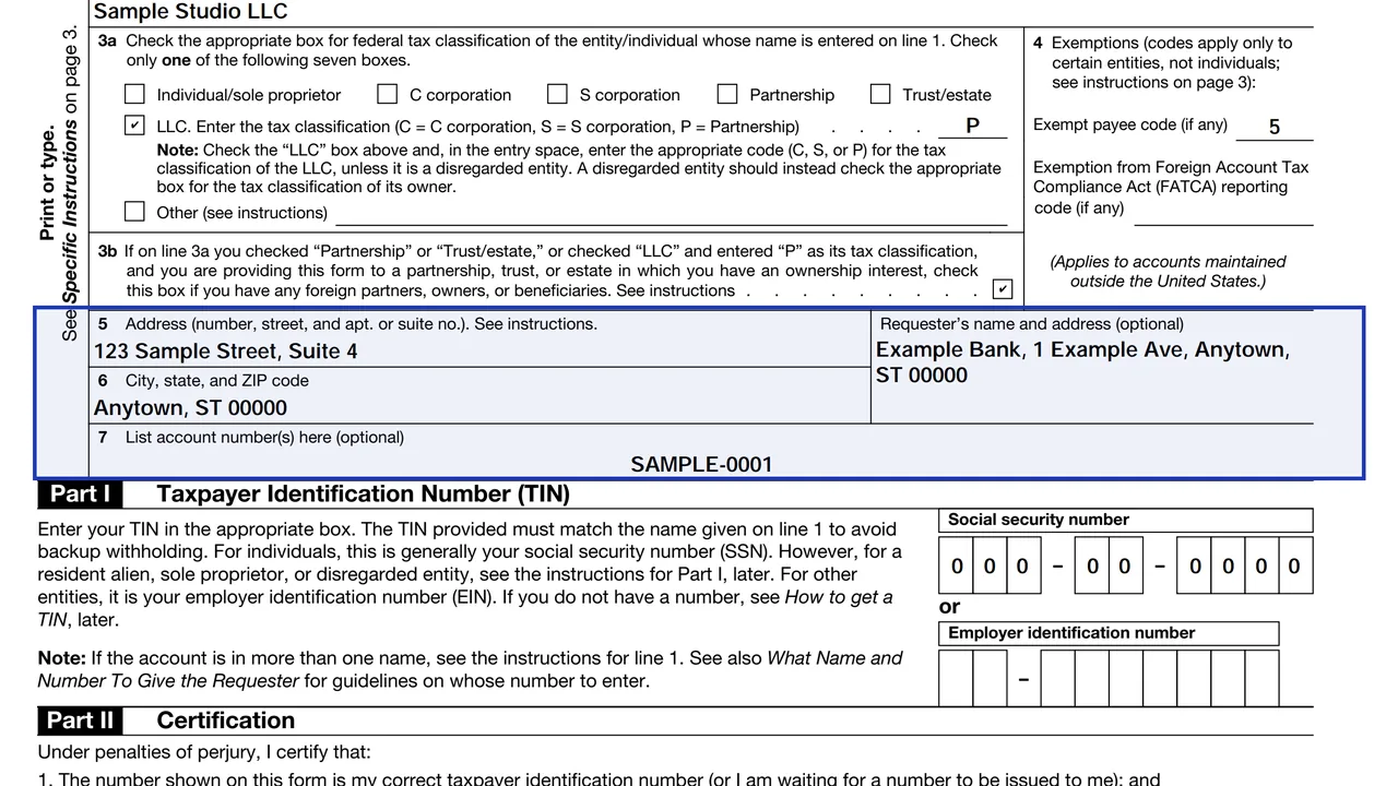 Lines 5, 6 and 7 of Form W-9 with sample address and optional account number entries