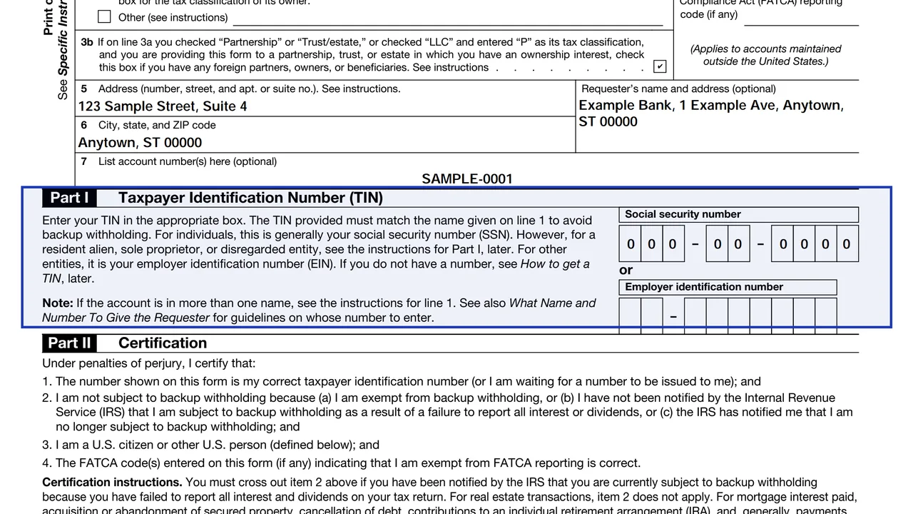 Part I of Form W-9 with the Social Security number and employer identification number boxes