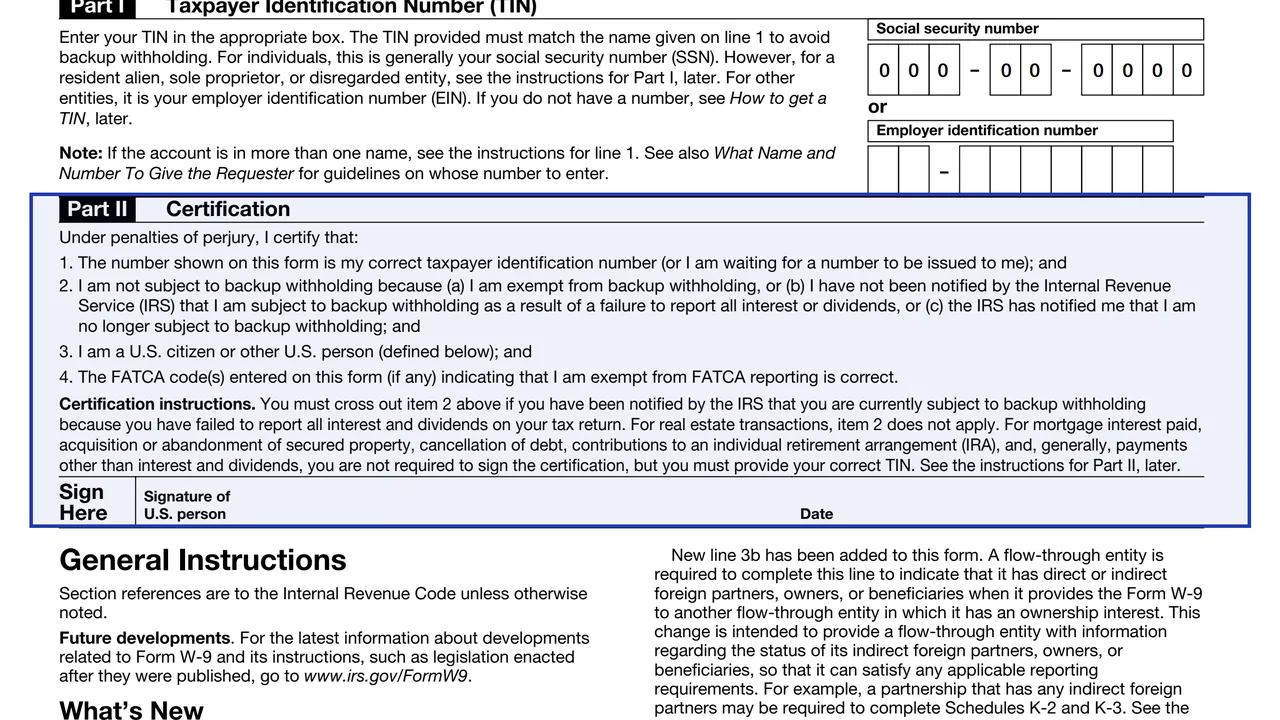 Part II of Form W-9 with the four certification statements and the signature and date line