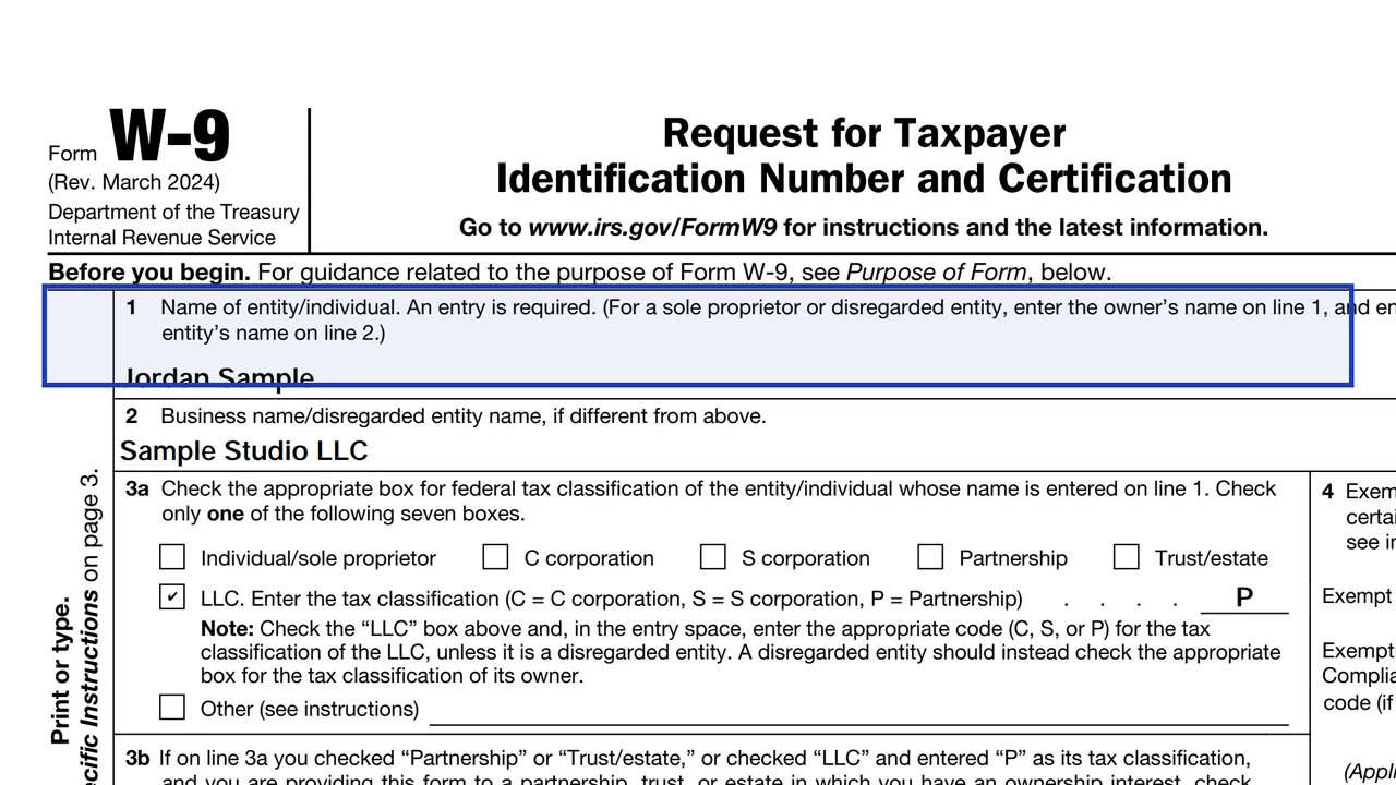 Line 1 of Form W-9 with a sole proprietor's own name entered as sample values