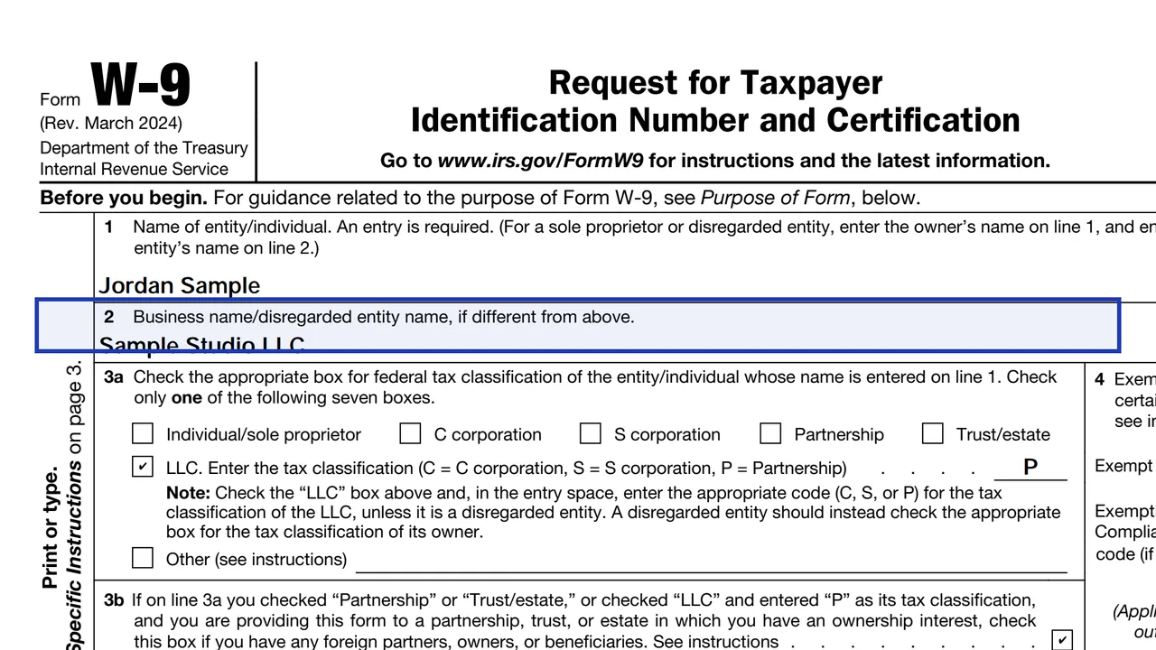 Line 2 of Form W-9 with a business or DBA name entered as a sample value