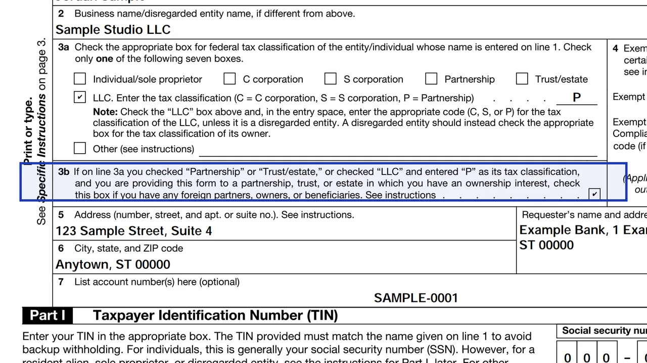 Line 3b of Form W-9 with the foreign partners box checked on a partnership's form