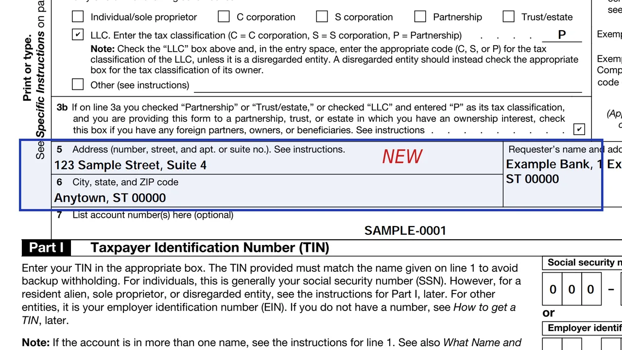 Lines 5 and 6 of Form W-9 with NEW written at the top beside a changed address