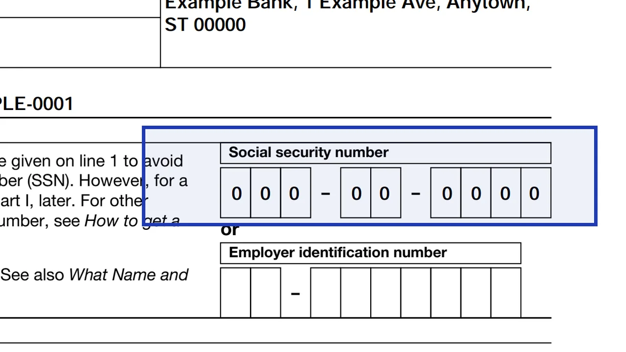 Part I of Form W-9 with a sample number entered in the Social Security number boxes