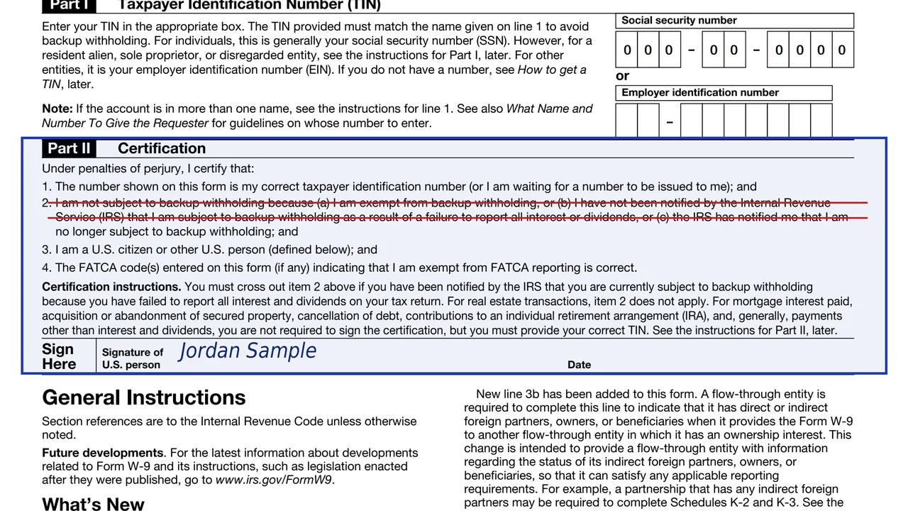 Part II of Form W-9 with item 2 crossed out and the signature line signed with sample values