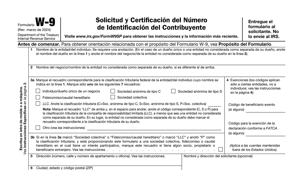 Top of page 1 of Form W-9 (sp): Spanish Request for Taxpayer Identification Number and Certification, as printed by IRS