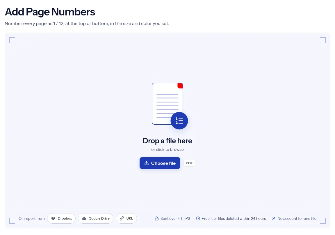 The indox Add page numbers to a PDF tool on indox.org, ready for your file