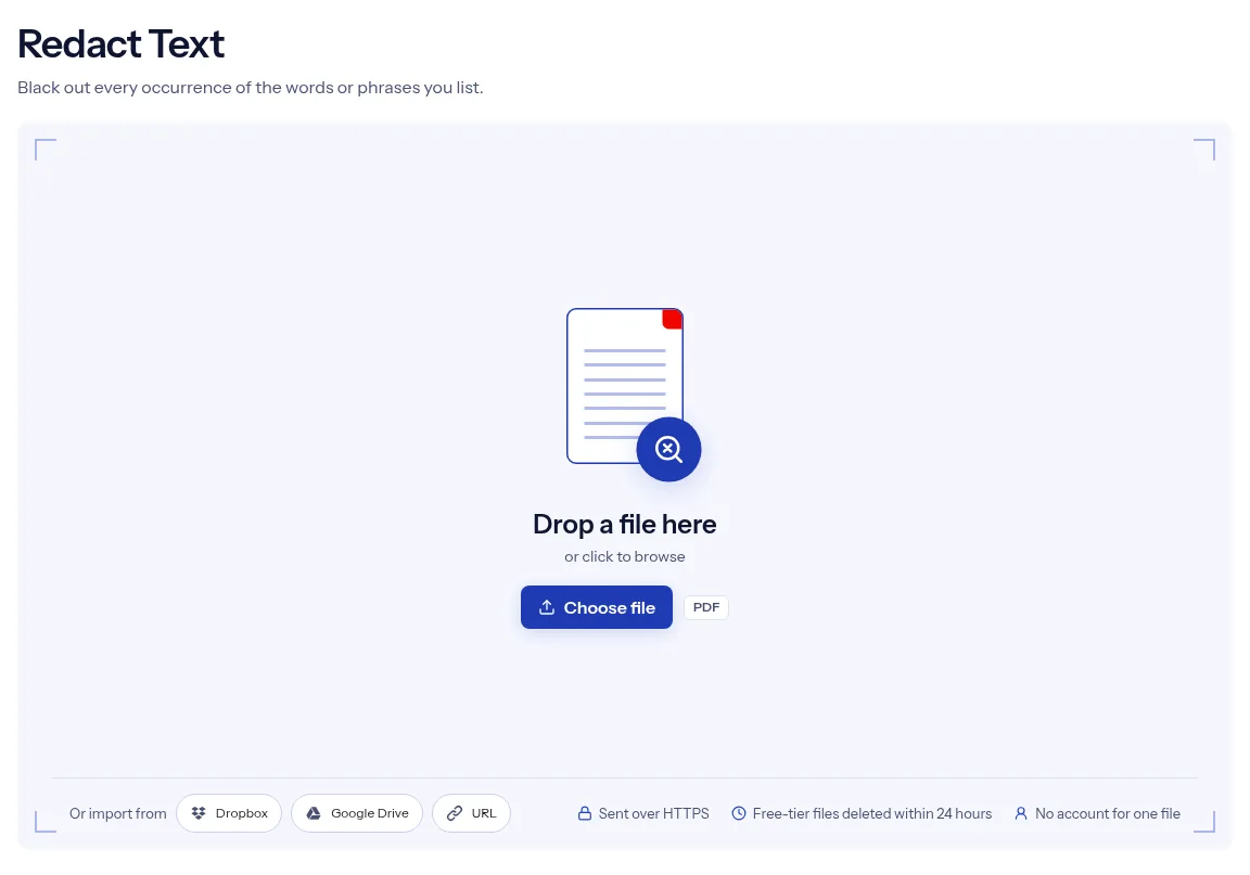 The indox Redact text in a PDF tool on indox.org, ready for your file
