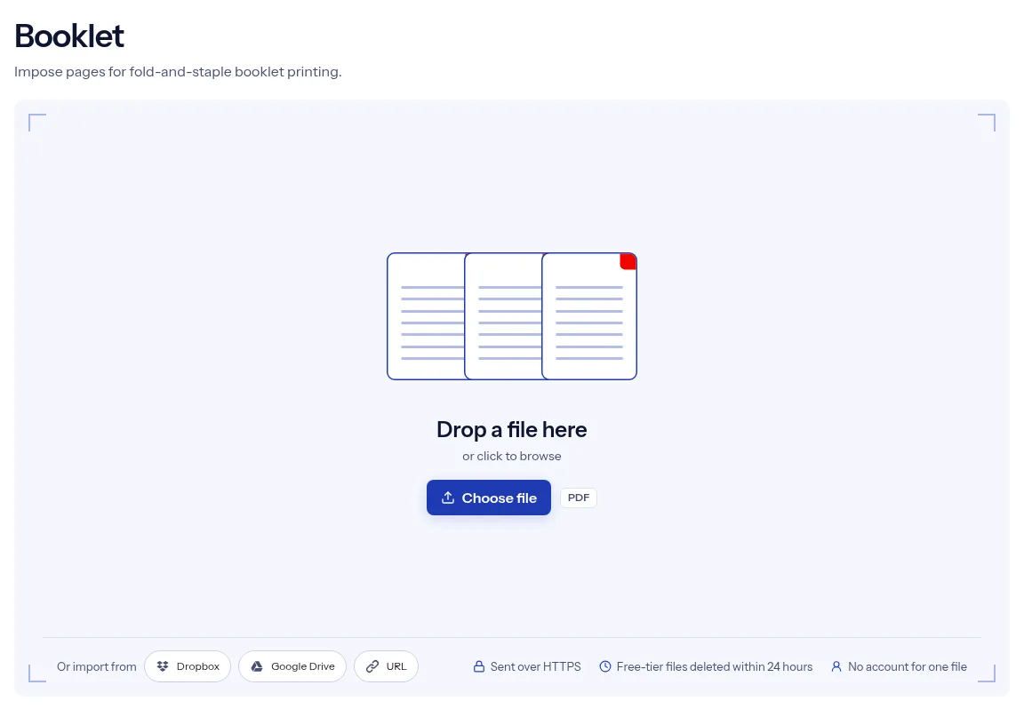 The indox Make a PDF booklet tool on indox.org, ready for your file