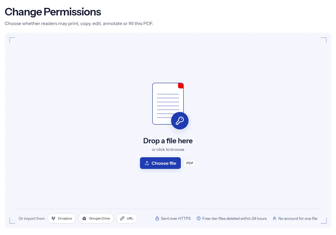The indox Change PDF permissions tool on indox.org, ready for your file