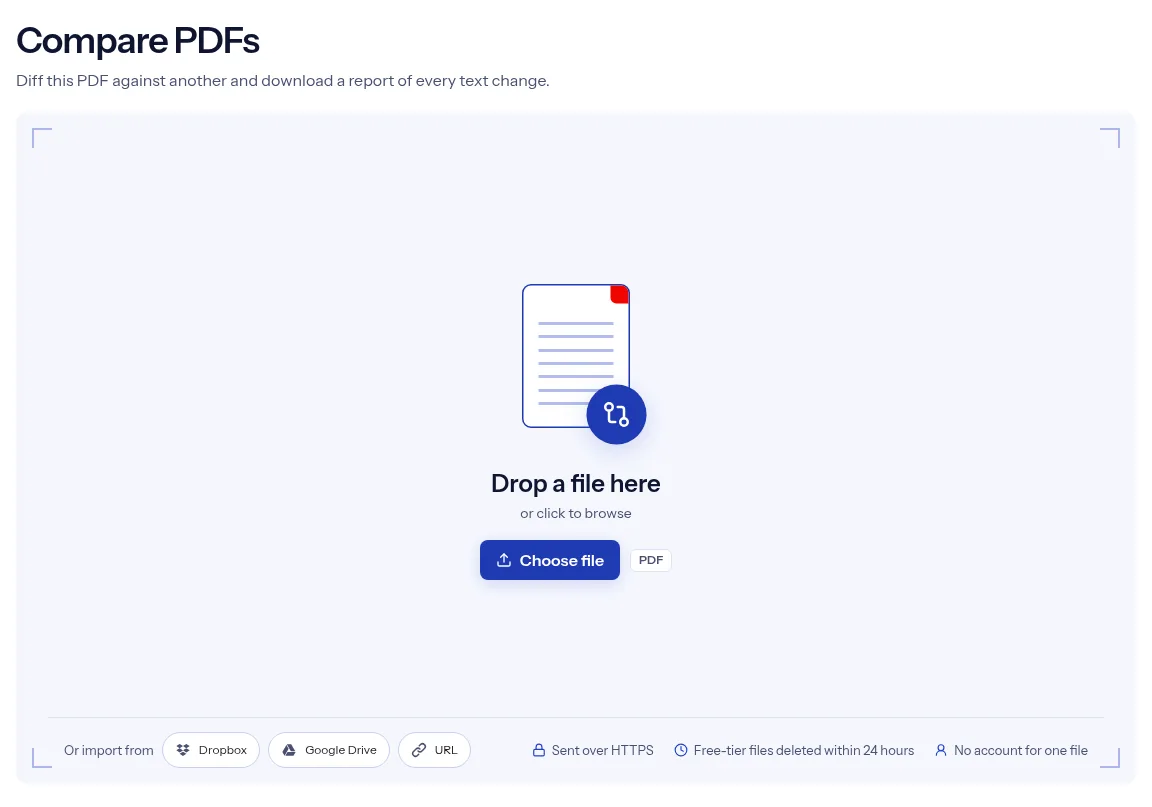 The indox Compare PDFs tool on indox.org, ready for your file