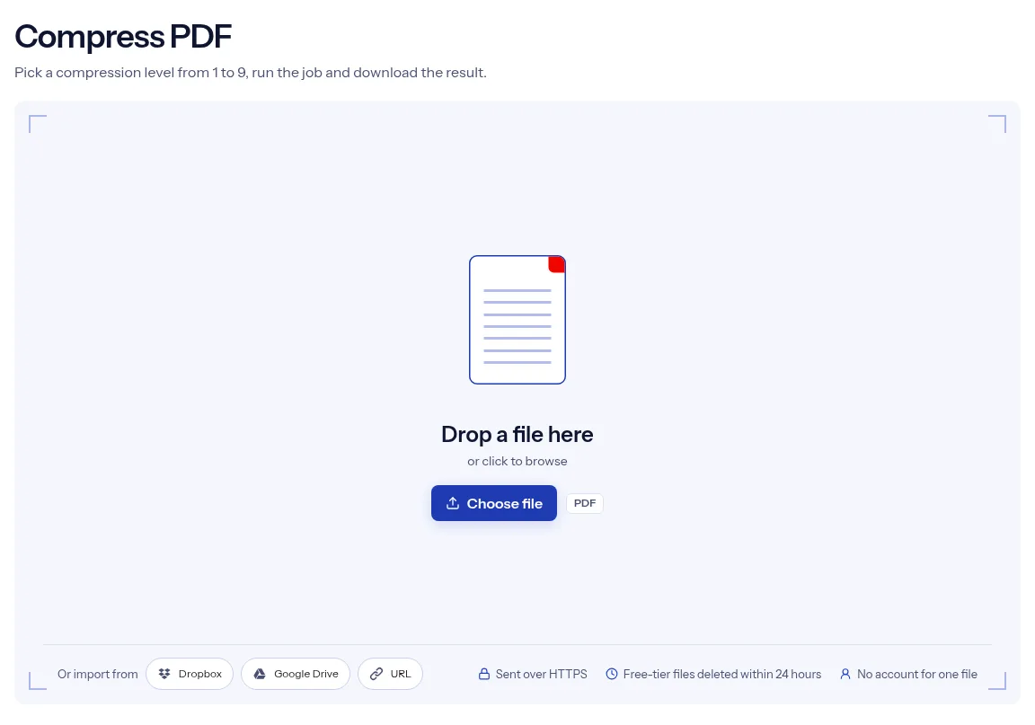 The indox Compress PDF tool on indox.org, ready for your file