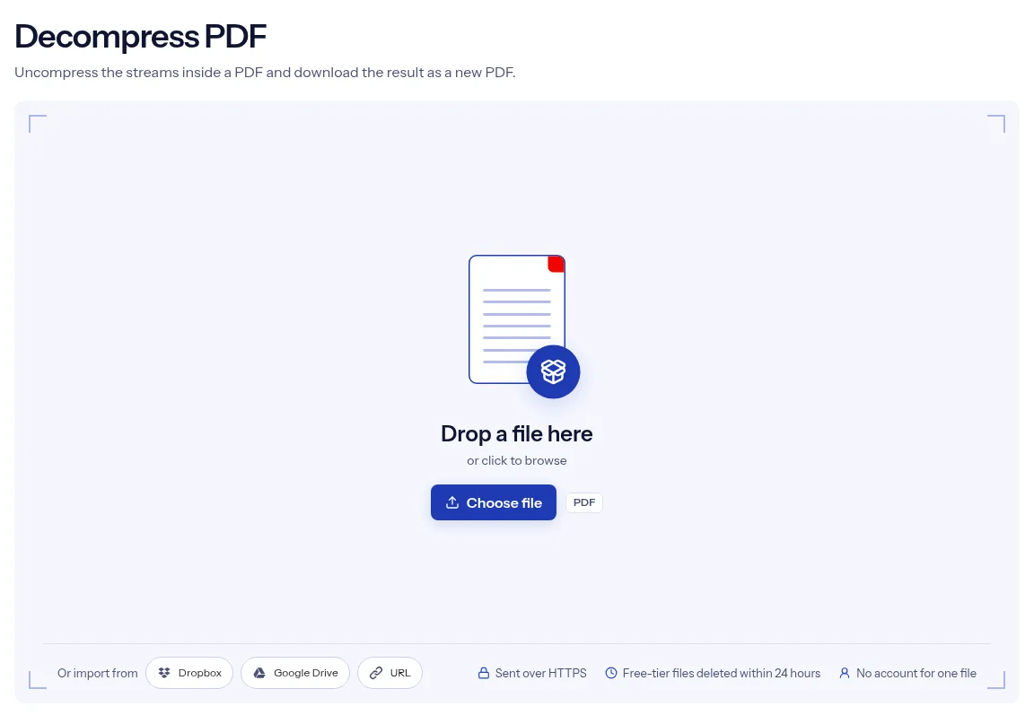 The indox Decompress PDF tool on indox.org, ready for your file