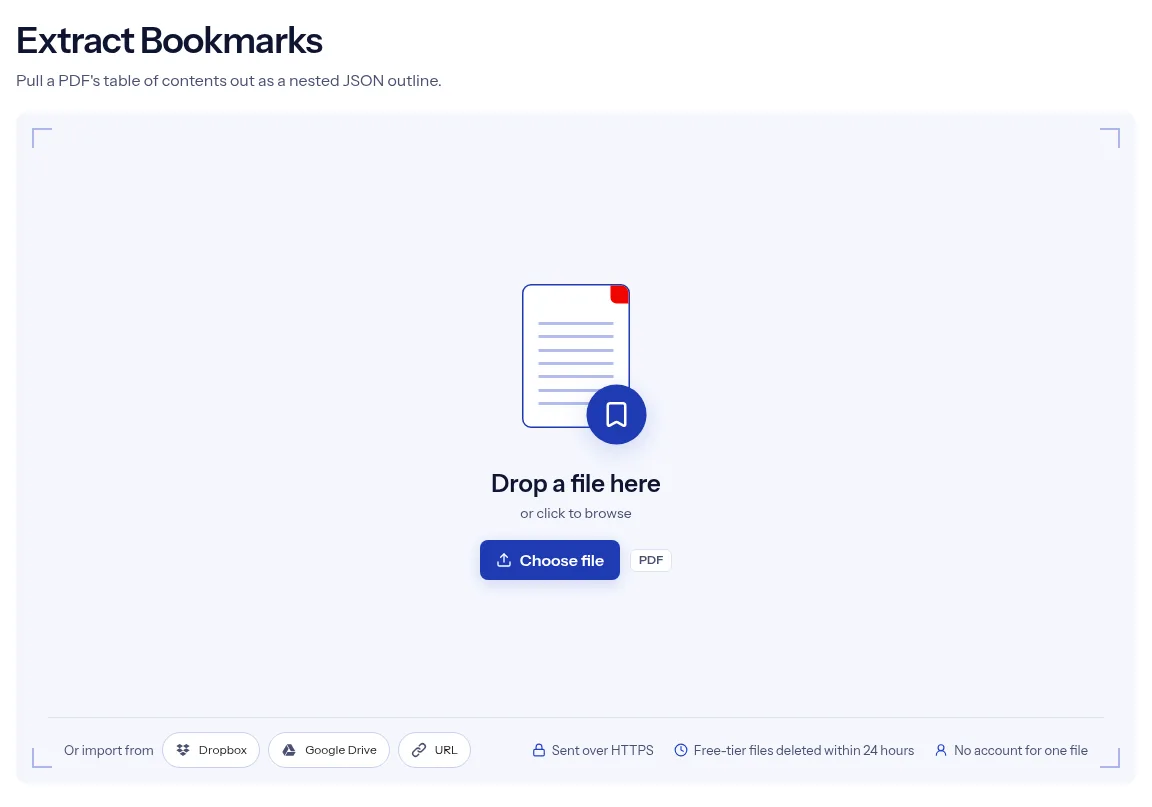 The indox Extract Bookmarks tool on indox.org, ready for your file