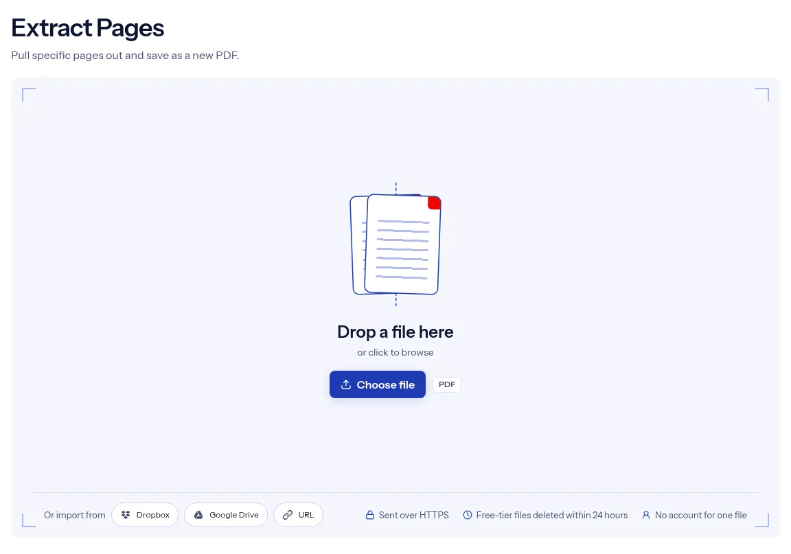 The indox Extract pages from PDF tool on indox.org, ready for your file