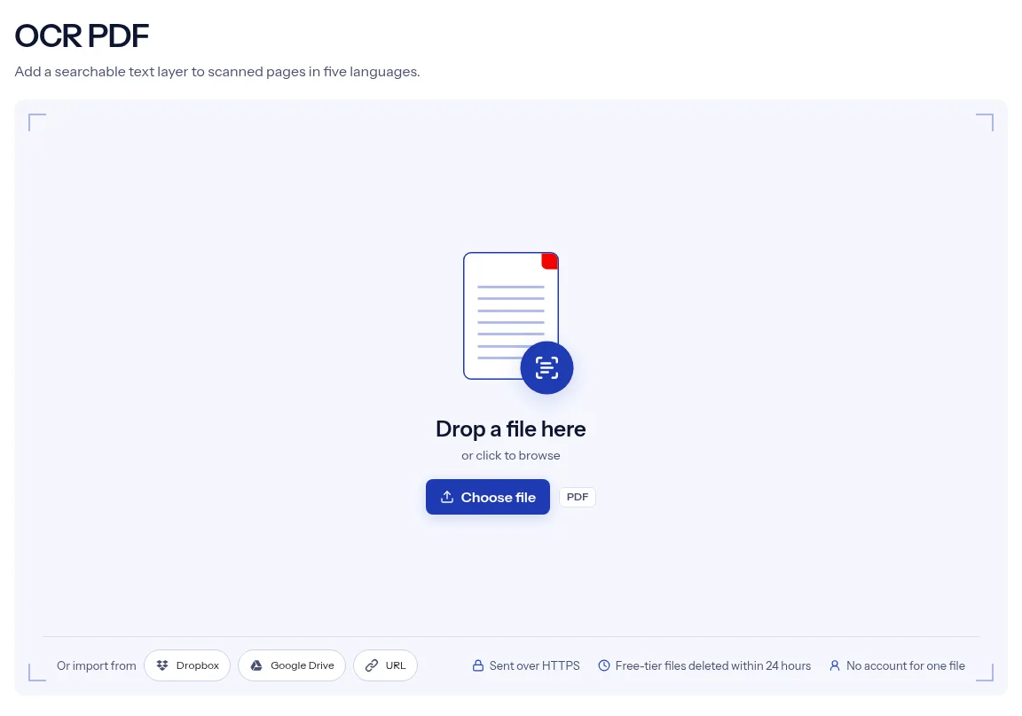 The indox OCR PDF tool on indox.org, ready for your file