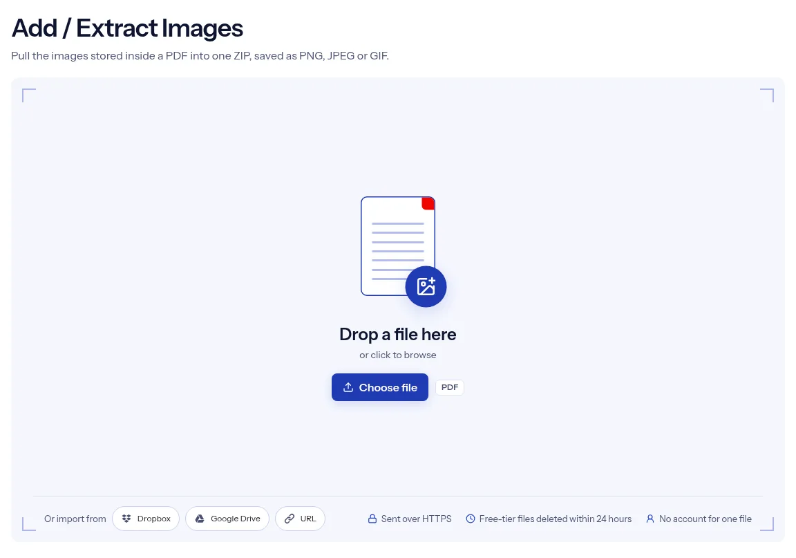 The indox Extract images from a PDF tool on indox.org, ready for your file