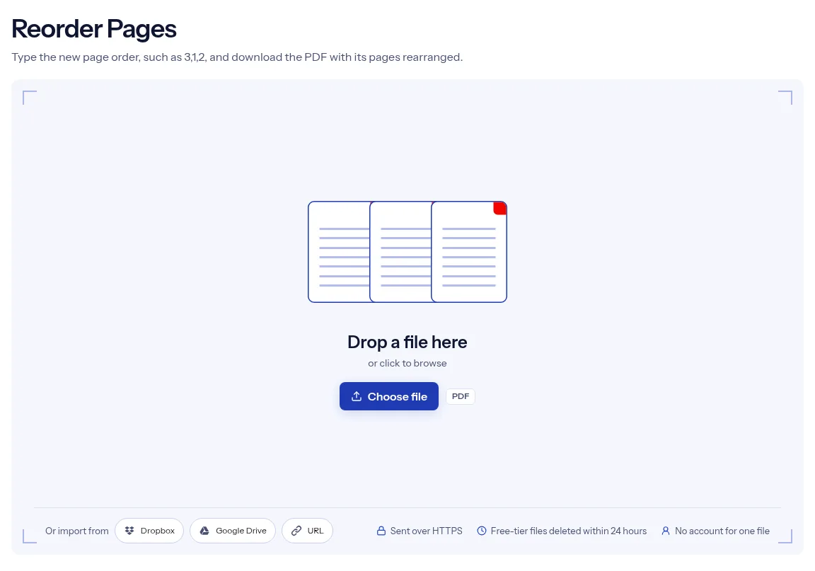 The indox Reorder PDF pages tool on indox.org, ready for your file