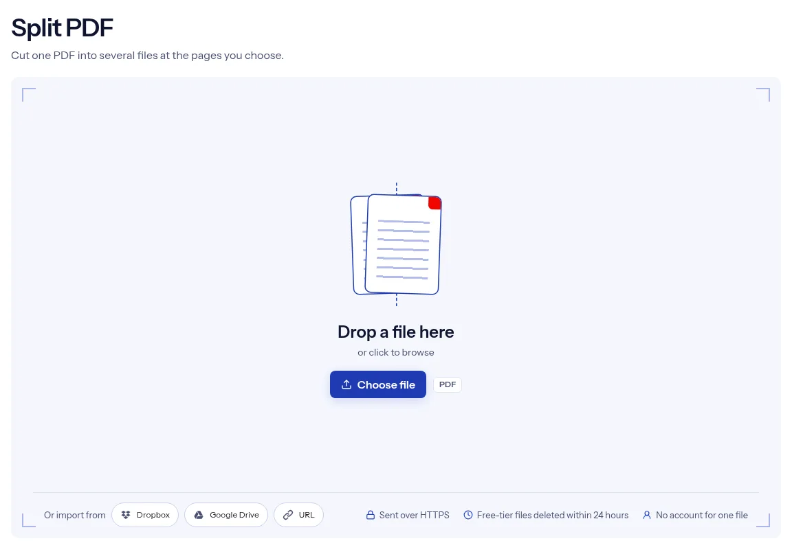 The indox Split PDF tool on indox.org, ready for your file